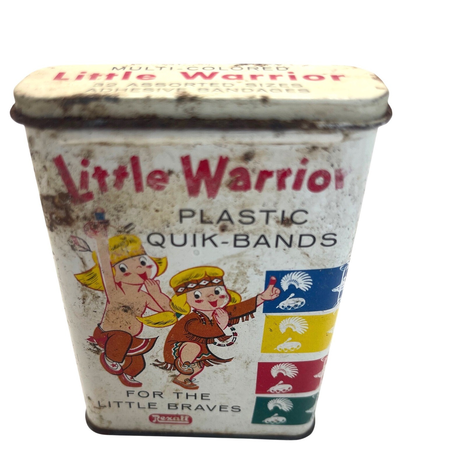 Vintage Little Warrior Plastic Quik Bands Tin with Bandages Rexall Drug Company