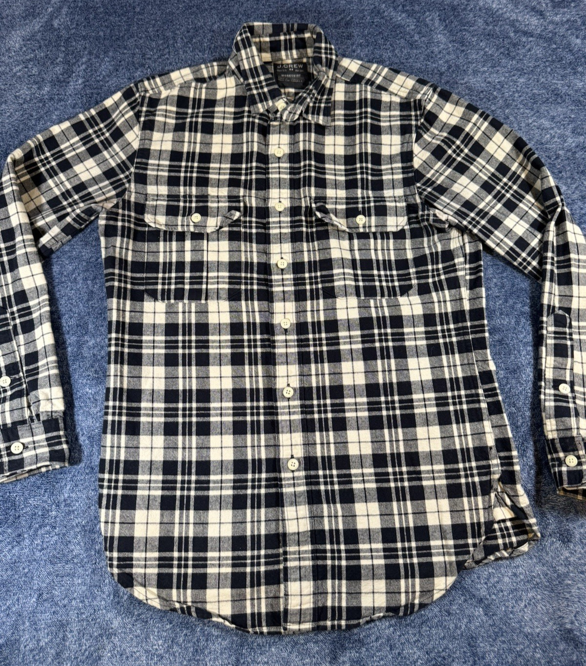 J.Crew Workshirt Men’s Small Black Ivory Plaid Button Up Long Sleeve Thick Heavy
