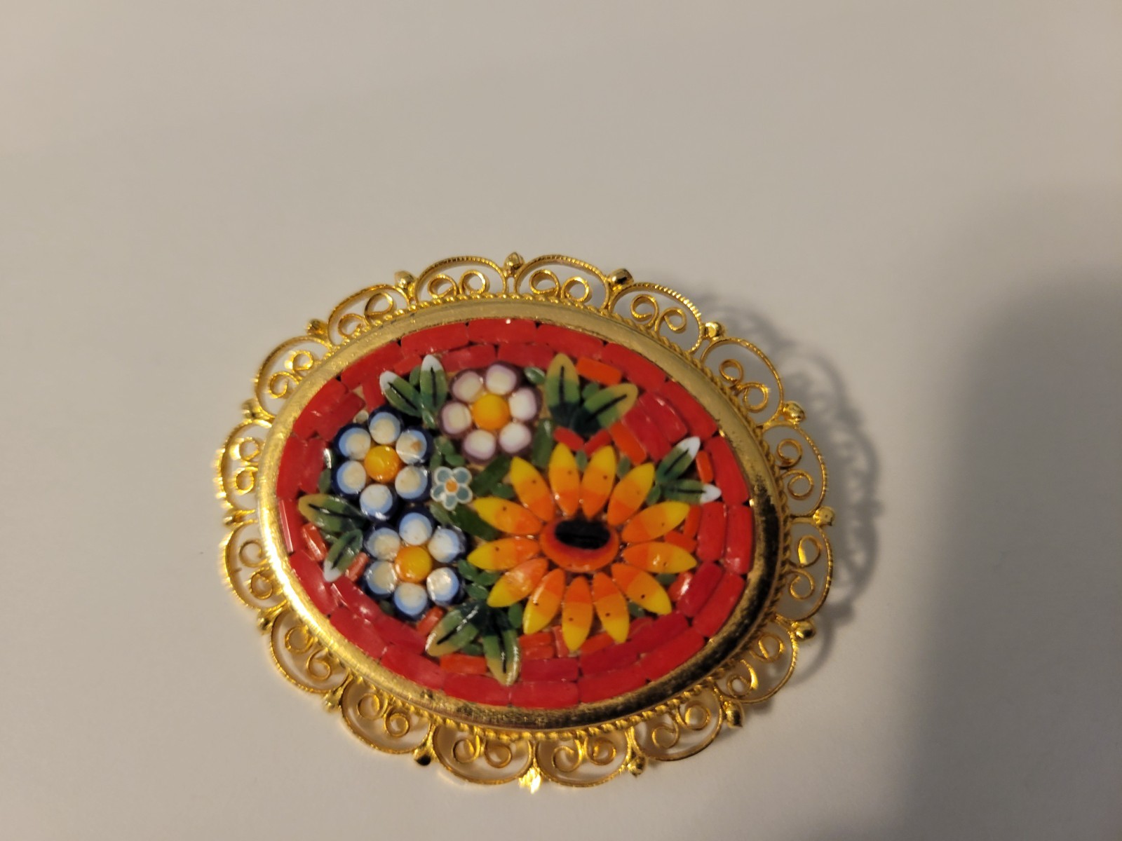 Vintage Italian glass mosaic sunflower daisy brooch