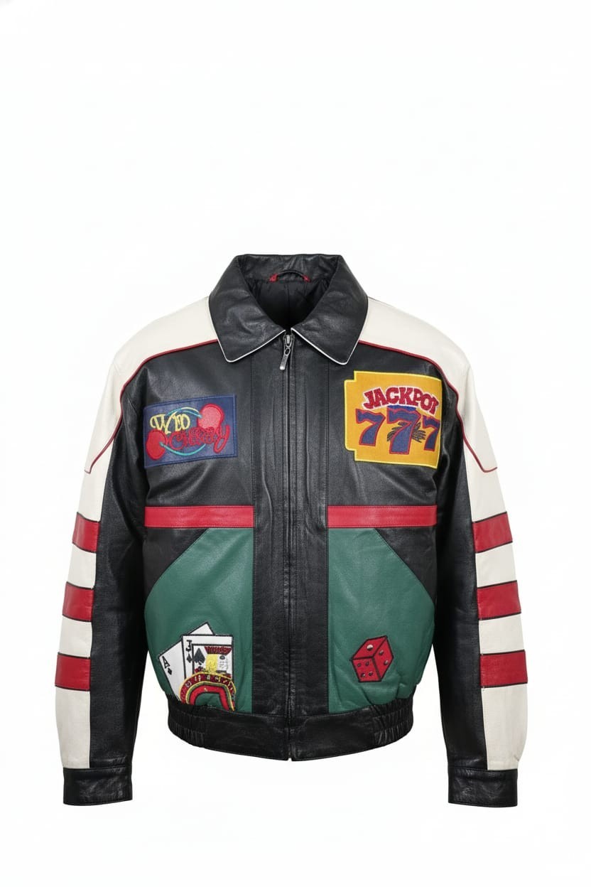 Vintage 90s Leather Casino Bomber Jacket Roulette Wheel 777 Jackpot Patches Gamb