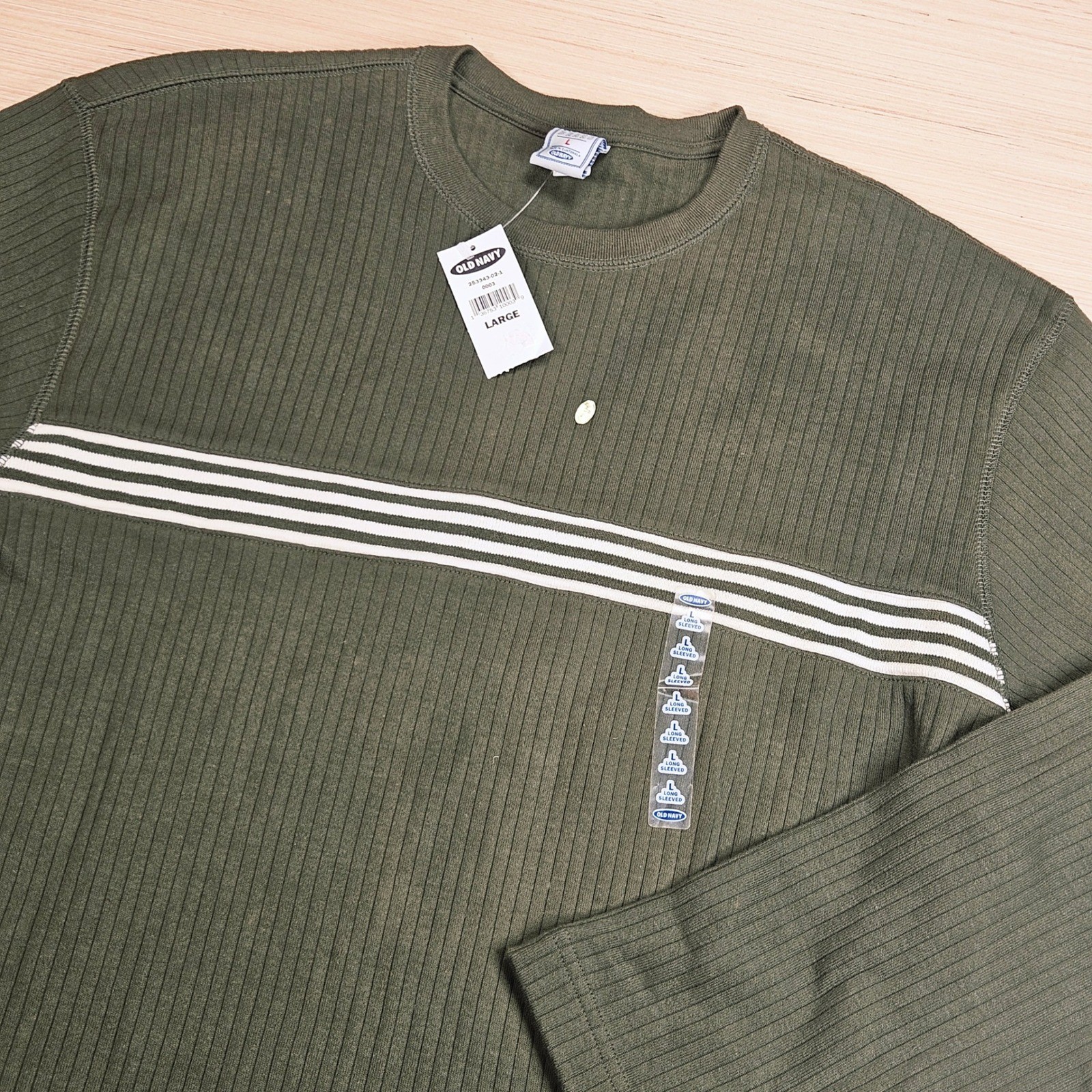 Vintage Y2K Old Navy Ribbed Long Sleeve Shirt Mens L Green Striped Normcore NEW