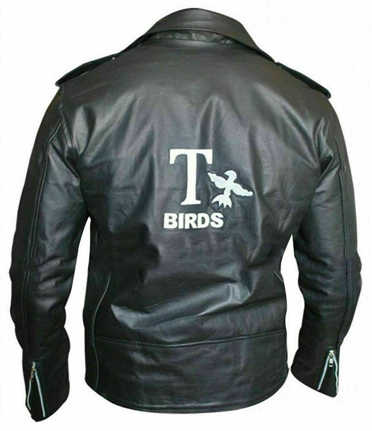 Men\'s T-Birds Gang Grease 2 John Travolta Black Motorcycle Real Leather Jacket