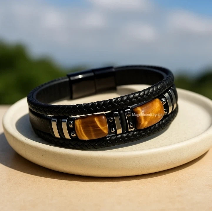 Black Leather Tiger Eye Stone Bracelet Men Jewelry Luxury Gift Healing Gemstones Black Leather Tiger Eye Stone Bracelet Men Jewelry Luxury Gift Healing Gemstones