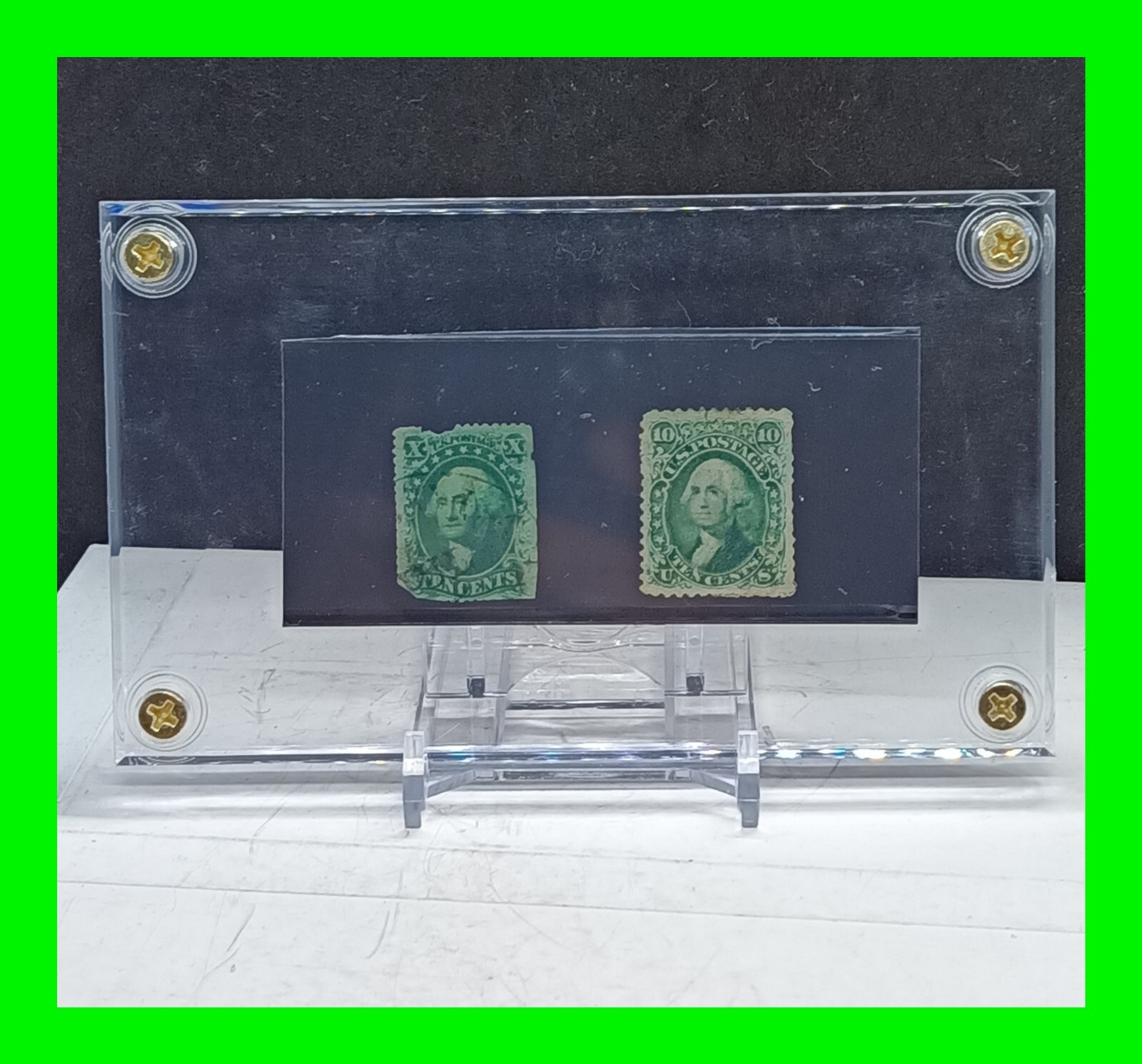 Early US Used Stamp Scott #35 #68 Green Washington ~ In Acrylic Case With Stand 