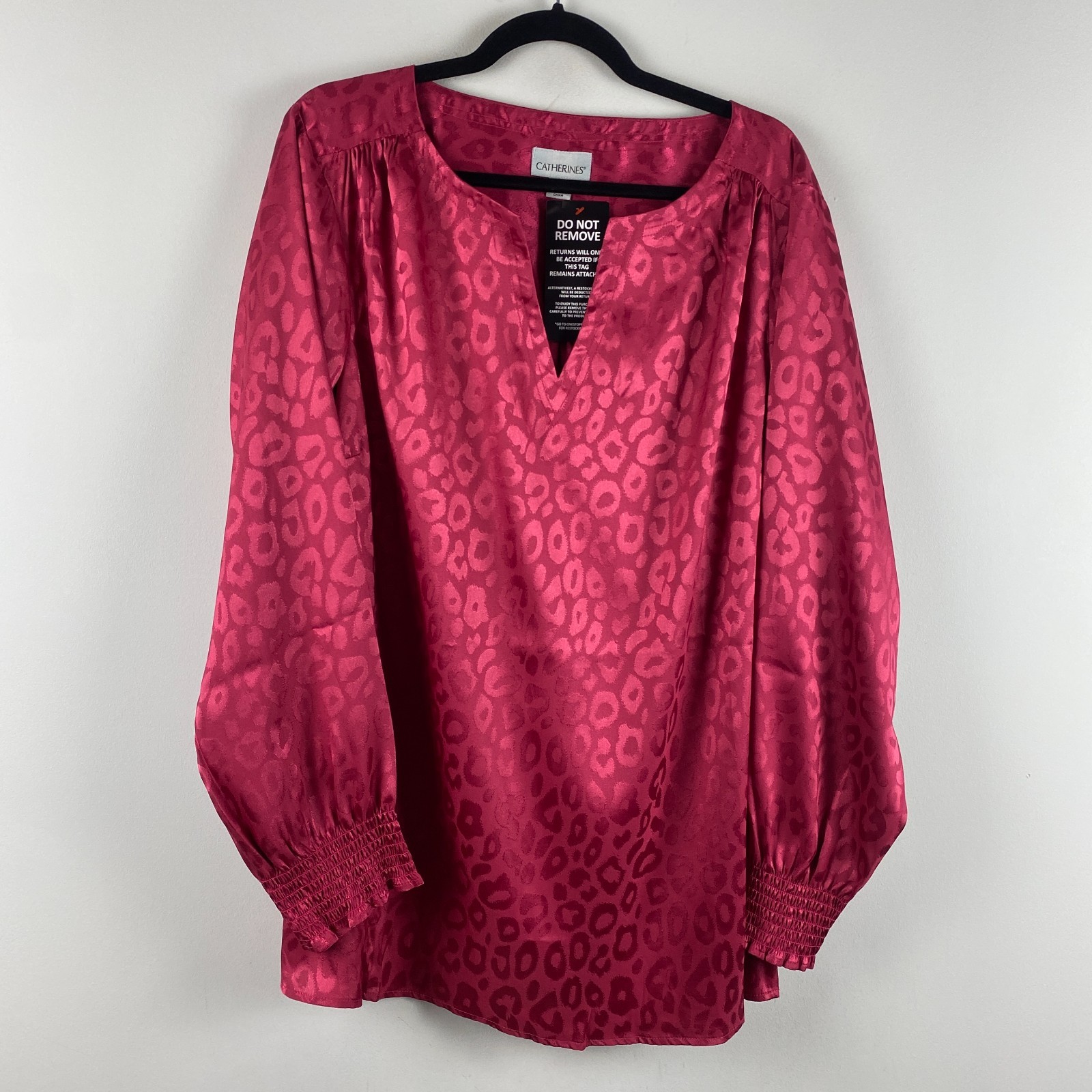 Catherines Satin Jacquard Peasant Blouse Size 2X Pink Animal Print Stretch