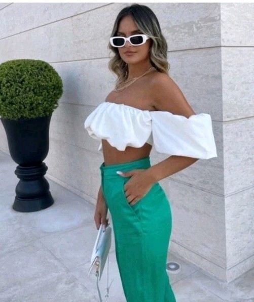 ZARA WOMAN NWT SS22 VOLUMINOUS Ballon Ruffel CROPPED OYSTER WHITE S 0085/349 ZARA WOMAN NWT SS22 VOLUMINOUS Ballon Ruffel CROPPED OYSTER WHITE S 0085/349