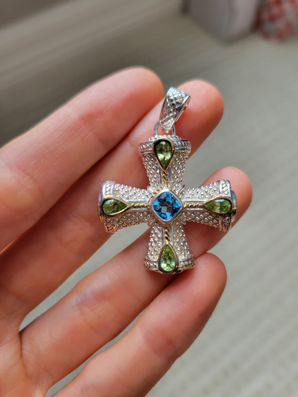 Sterling Silver Peridot And Aquamarine Cross Pendant