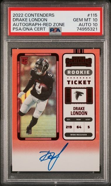 POP 1 DRAKE LONDON ROOKIE TICKET RED ZONE AUTO PSA/DNA 10/10 2022 CONTENDERS