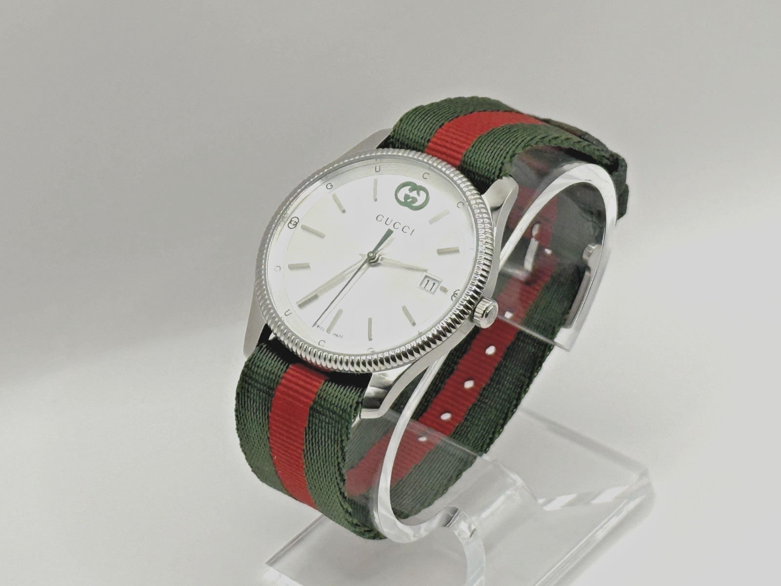 Gucci G-Timeless Silver Dial Green and Red Nylon Strap Watch 38mm YA1264236