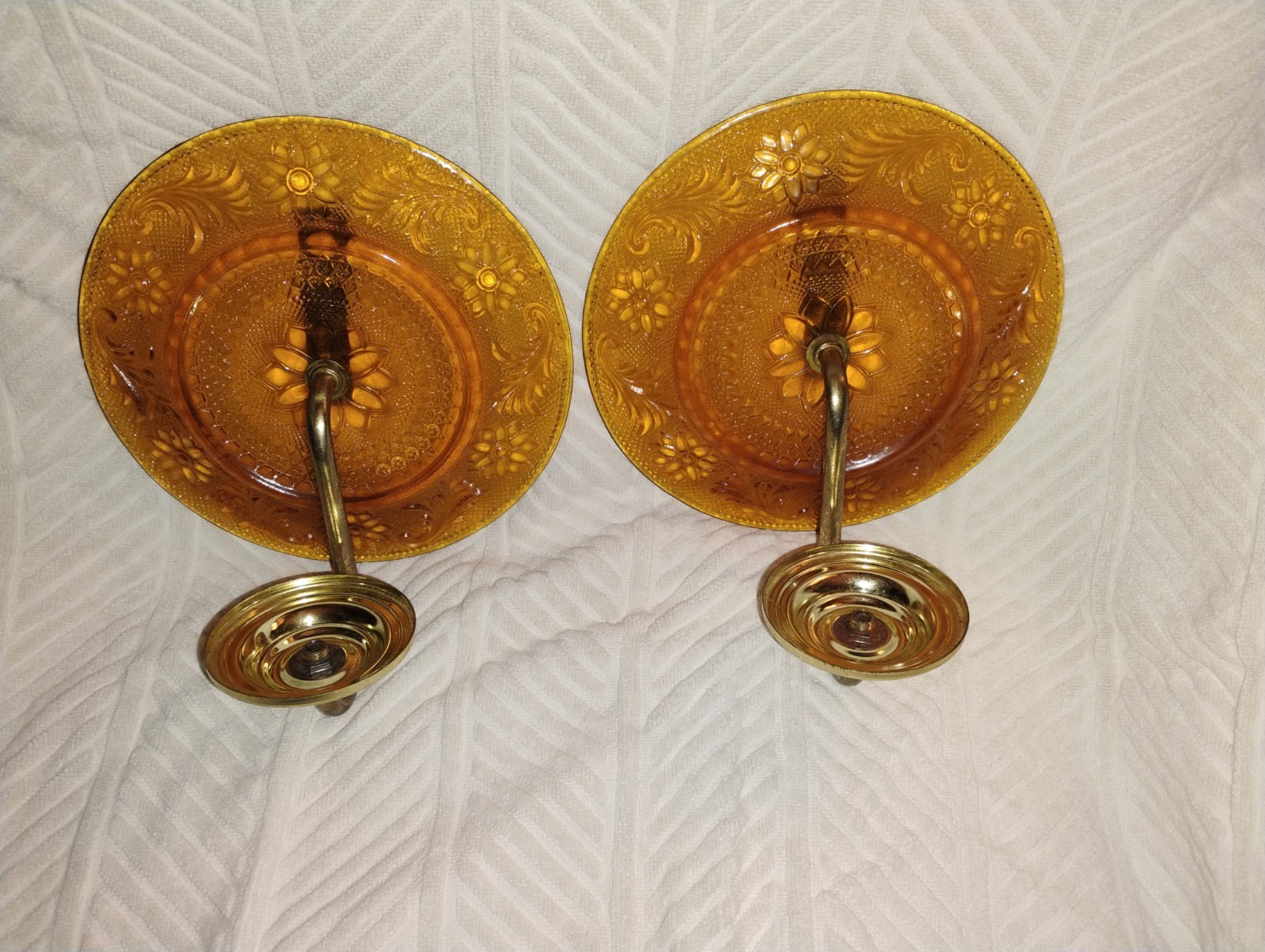 Vintage Pair of Amber Indiana Tiara Glass Wall Sconce Candle Holder MCM Vintage Pair of Amber Indiana Tiara Glass Wall Sconce Candle Holder MCM