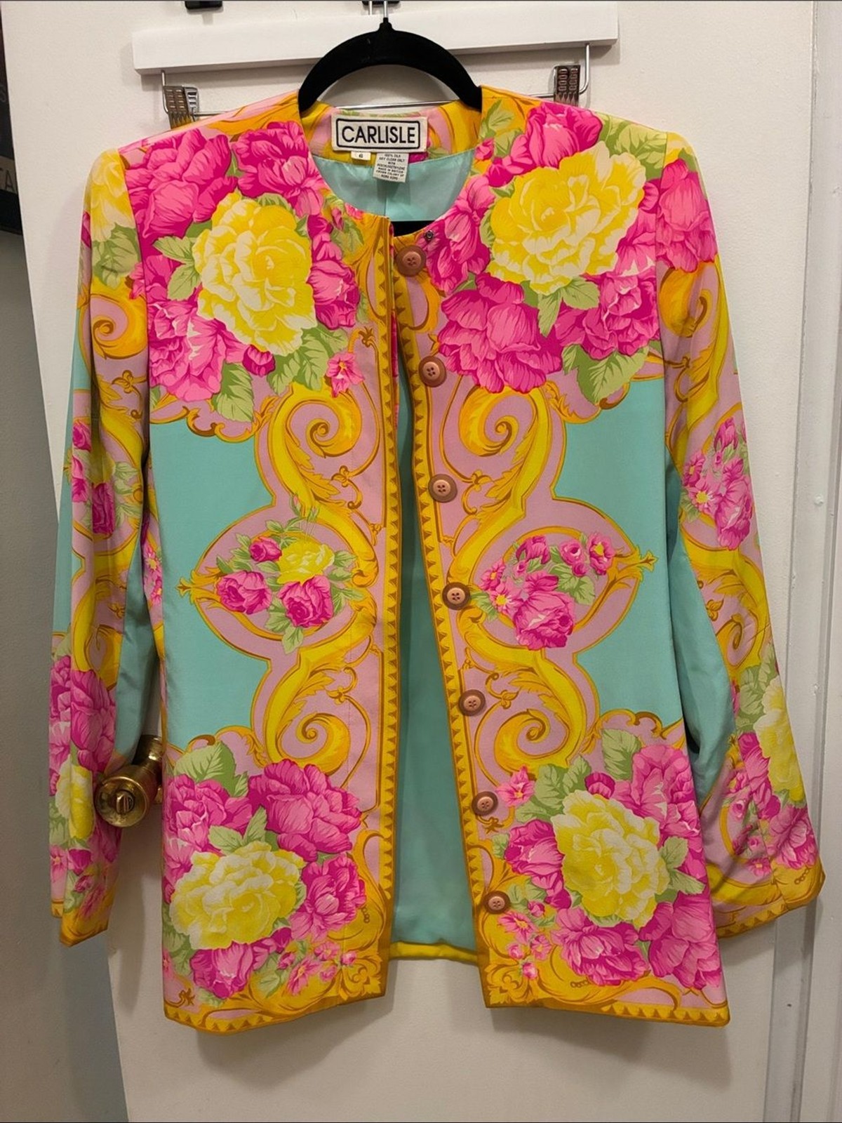 RARE Carlisle Vintage 90s Baroque Floral Button-Front Jacket 100% Silk US6