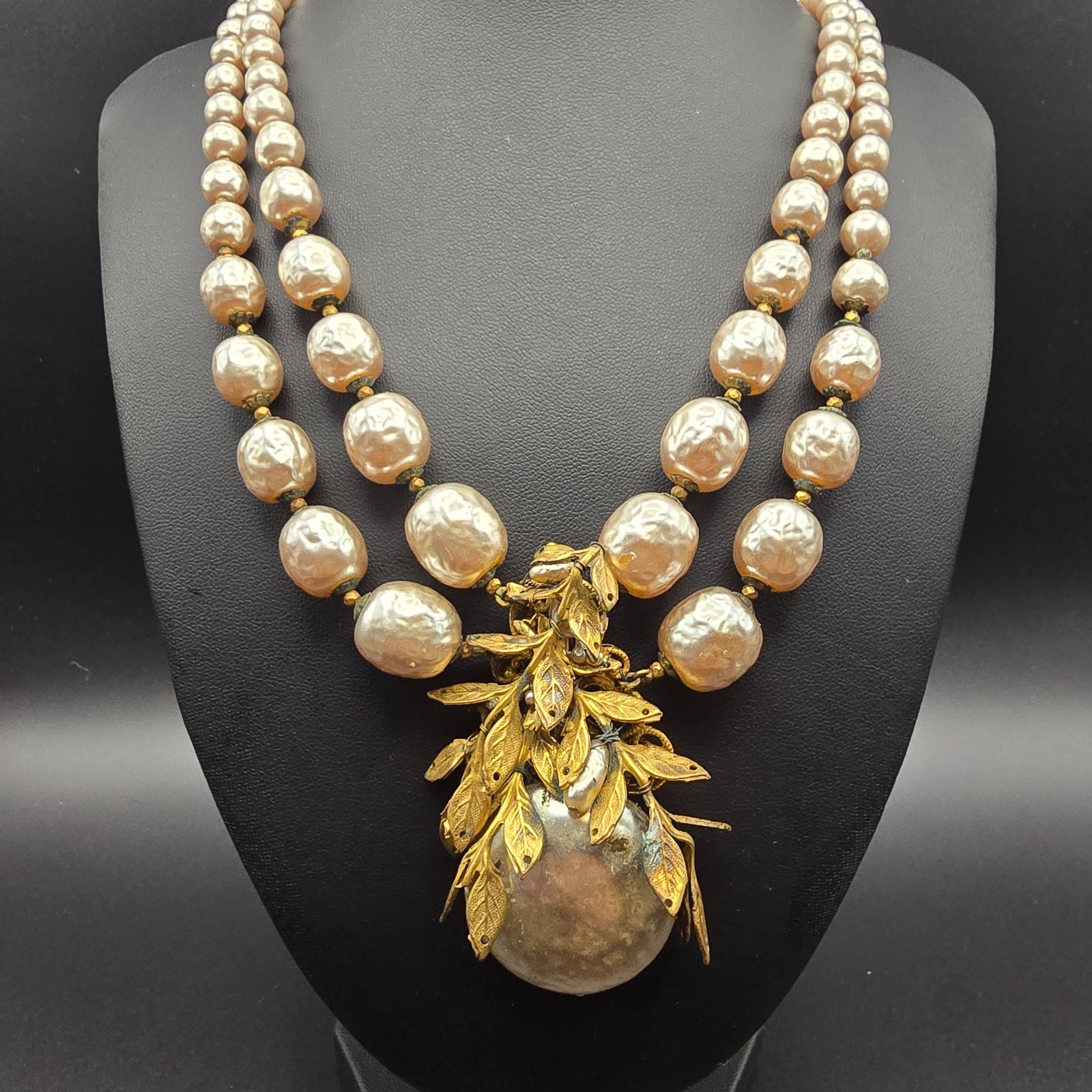 RARE Miriam Haskell Baroque Pearl Necklace 2 Strand Large Leaf Pendant Vintage