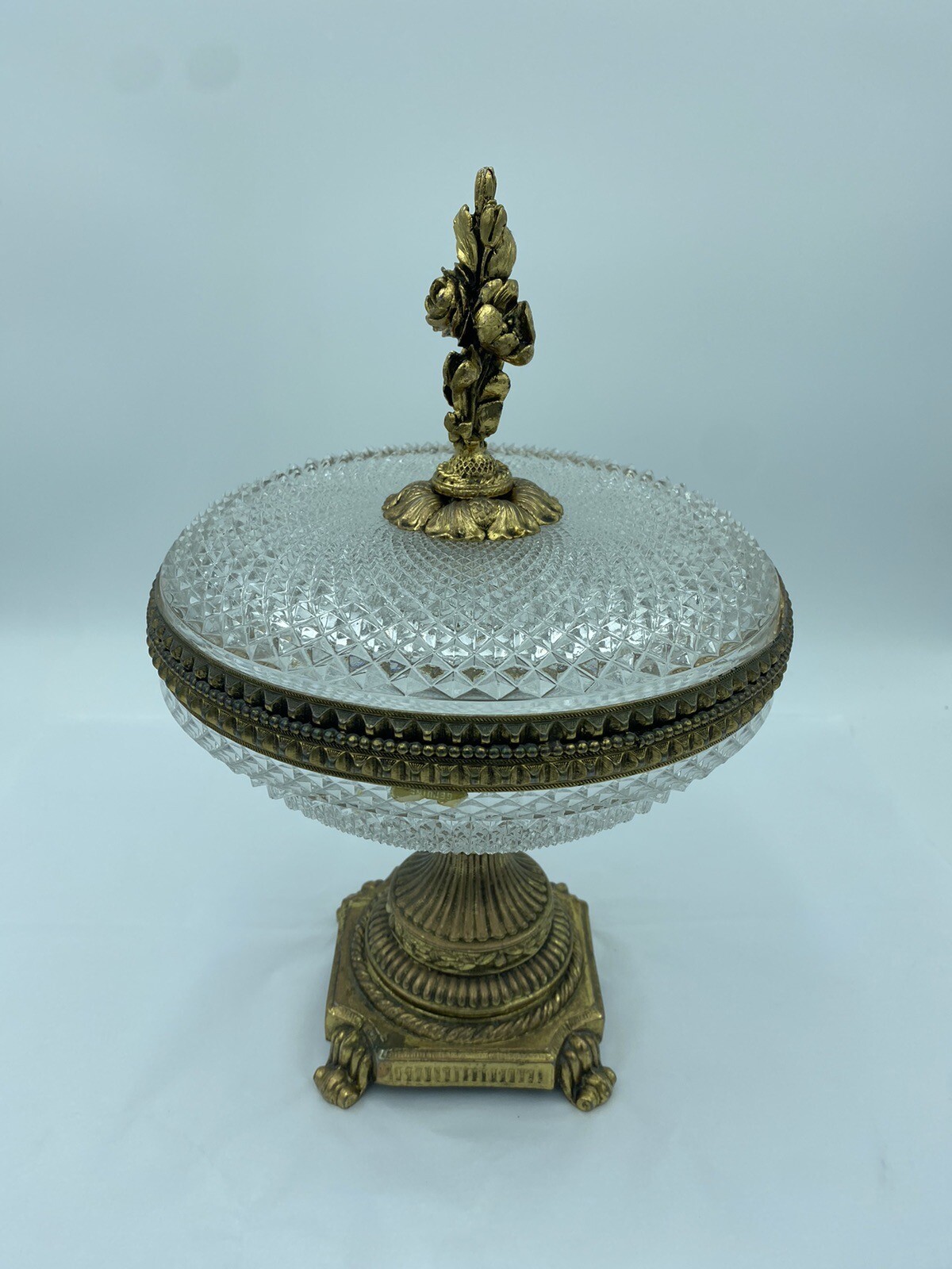 French Cut Crystal Mounted Gilt Bronze Pedestal Bowl With Lid - 2 Pc