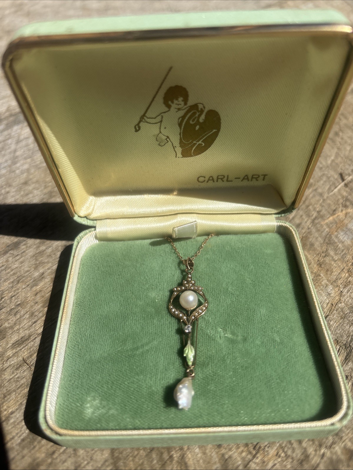 Antique 10K Gold Art Nouveau Lavalier Pendant Necklace Pearl Enamel Vtg Carl-Art