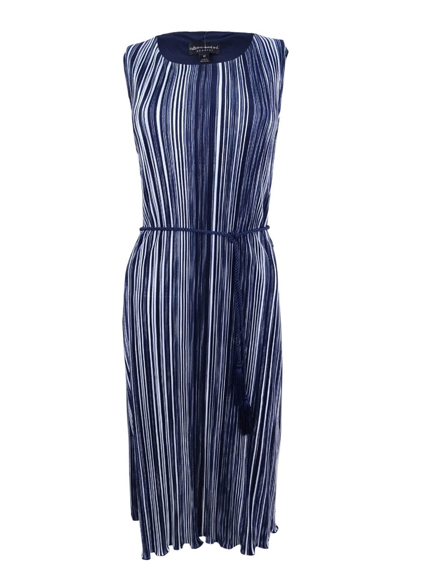 Connected Women\'s Striped Pleated Belted Dress (8, Indigo)