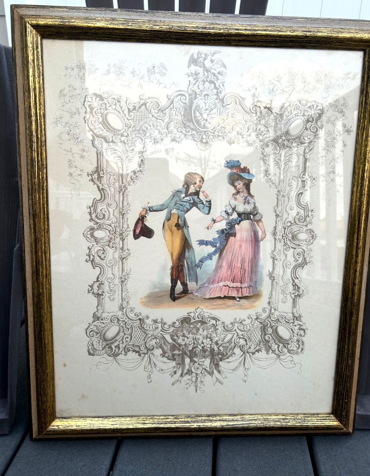 Antique French Rococo Print #2 /Louis 16 Fashion Napoleon (21x25in.) Framed