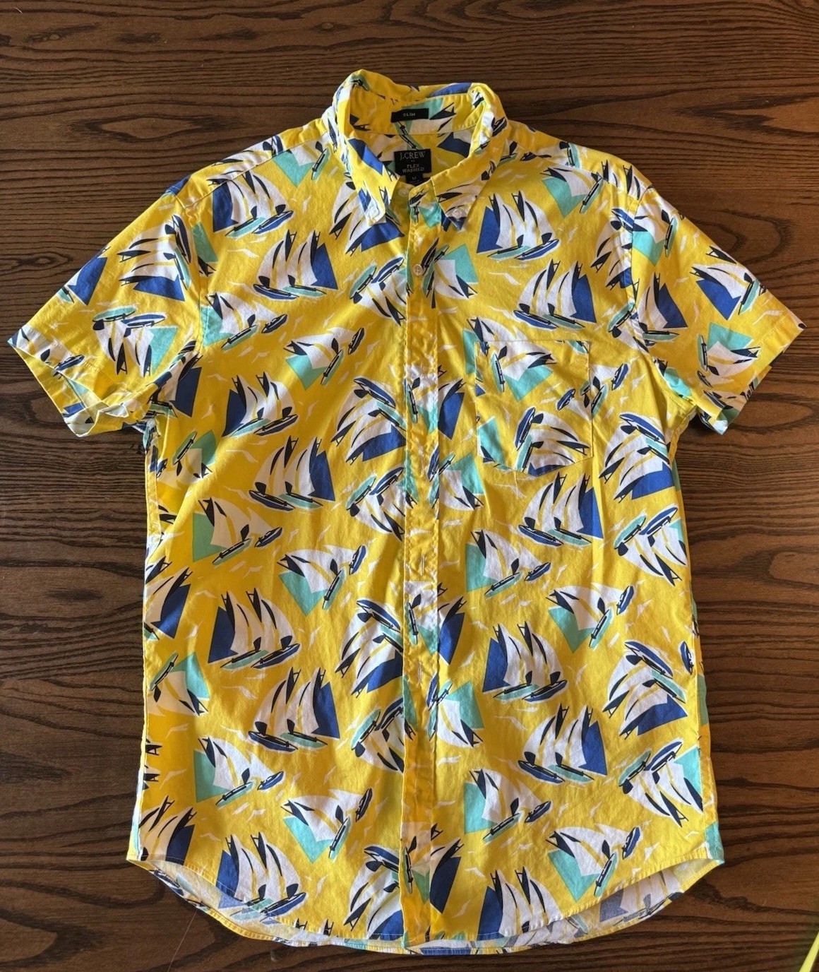 J.Crew Mens M Flex Washed Sailboat Print Shirt Yellow Short Sleeve Nautical