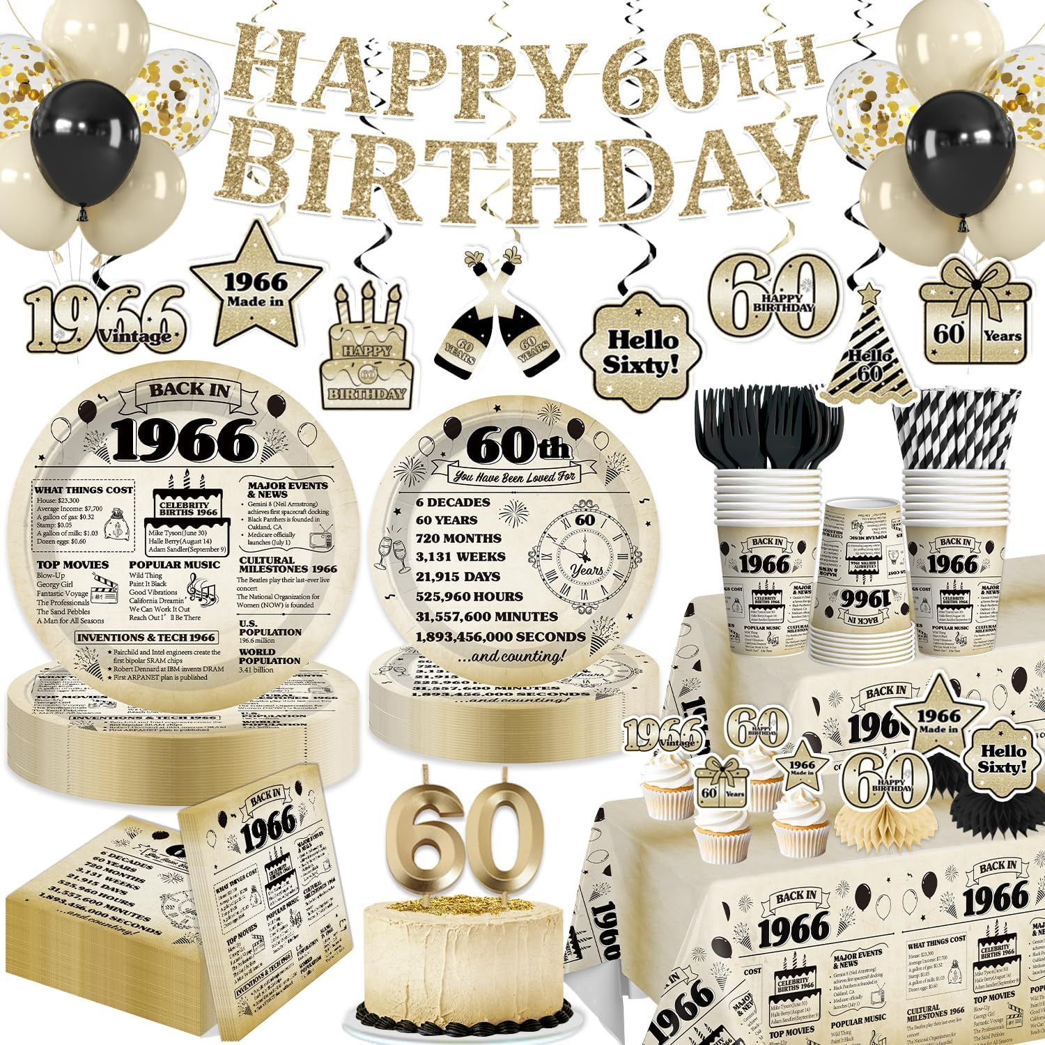 60Th Birthday Decorations for Men, 1966 Birthday Party Supplies | Happy 60Th Vin 60Th Birthday Decorations for Men, 1966 Birthday Party Supplies | Happy 60Th Vin