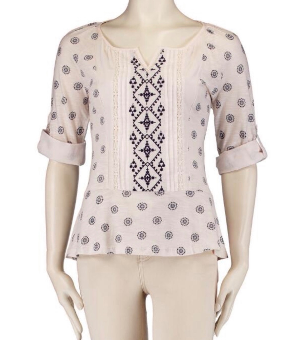 Vintage America Woman\'s Large Beige Front Navy Embroidered 3/4 Sleeve Top NWT
