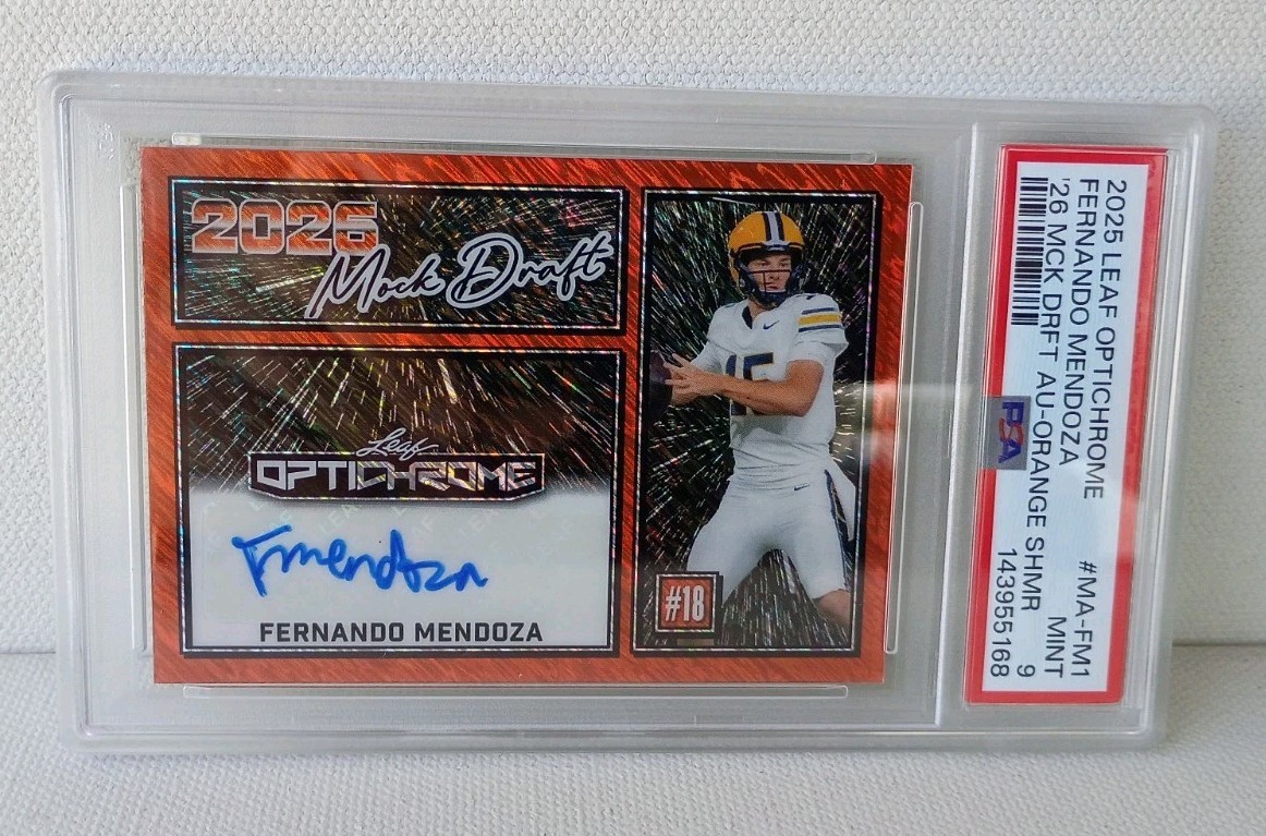 FERNANDO MENDOZA 2025 LEAF OPTICHROME MOCK DRAFT ORANGE SHIMMER AUTO /4 PSA 9 FERNANDO MENDOZA 2025 LEAF OPTICHROME MOCK DRAFT ORANGE SHIMMER AUTO /4 PSA 9