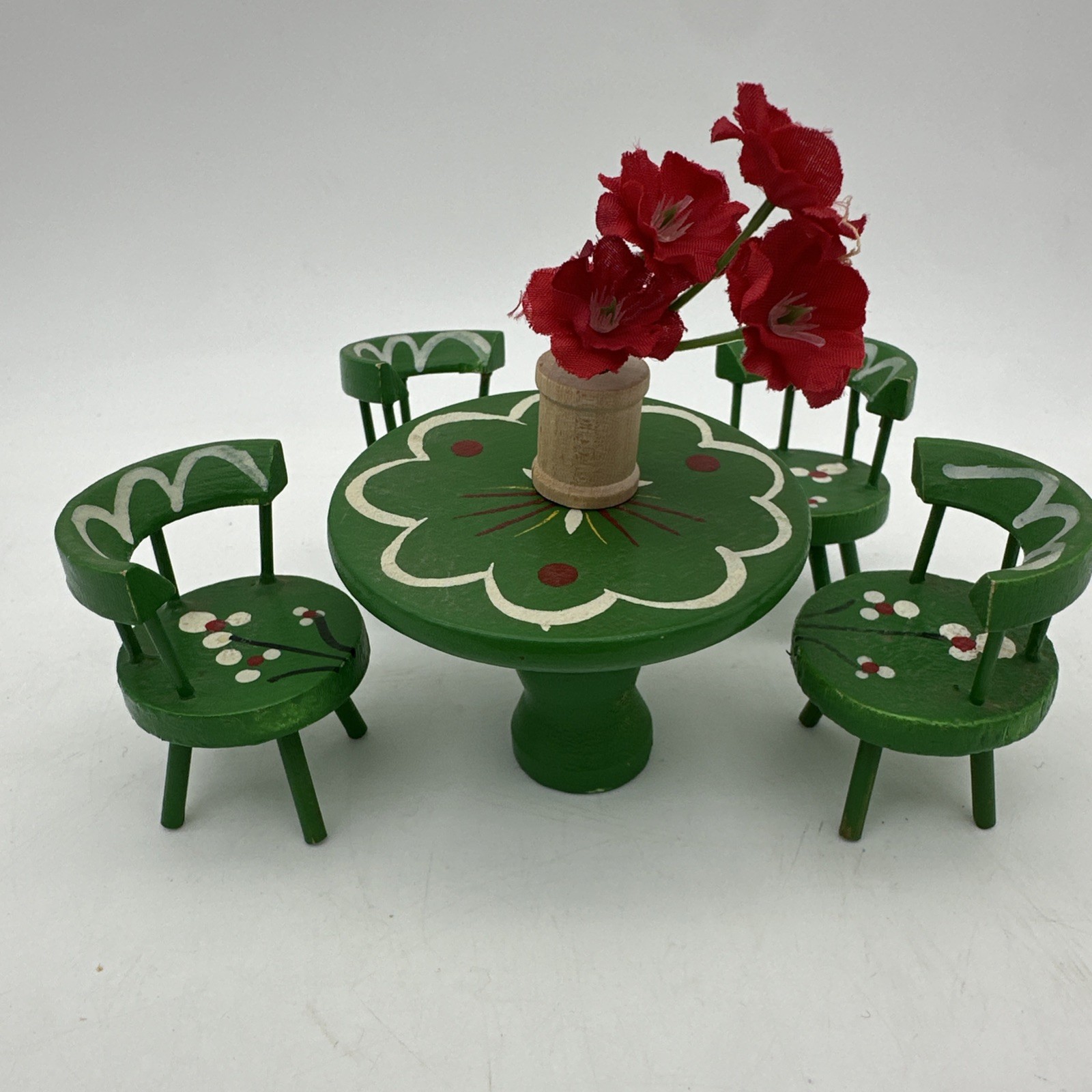 Vintage Dollhouse Furniture - Hand Painted Green Table, Chairs, Table Flowers Vintage Dollhouse Furniture - Hand Painted Green Table, Chairs, Table Flowers
