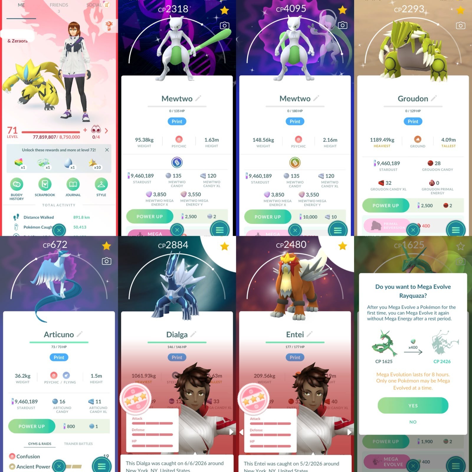 Poke GO  LVL 70/SHINY MEGA MEWTWO X & Y/ MEGA RAYQUAZA/HUNDO DIALGA/ 188 SHINY