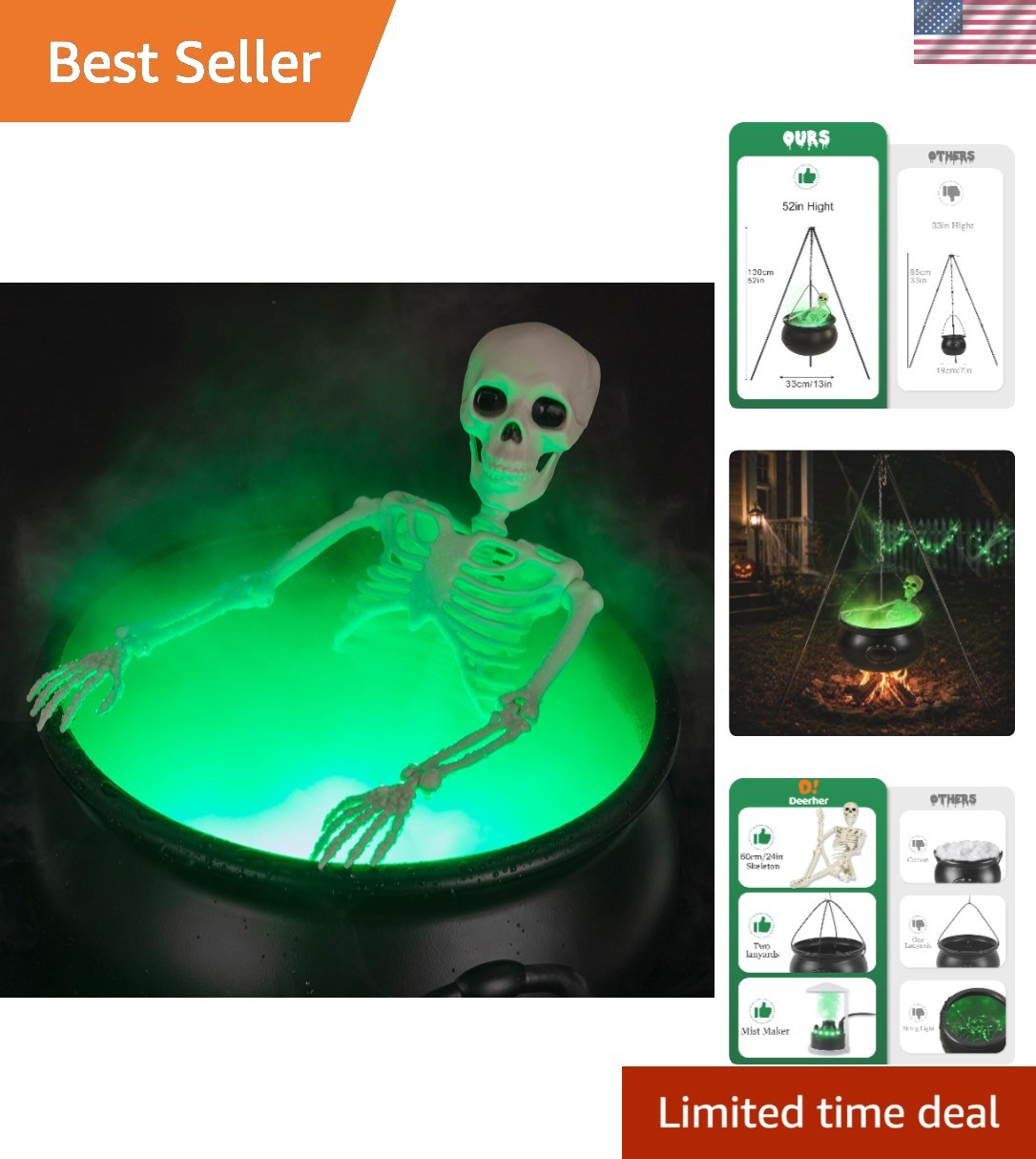 All-In-One Giant Witch Cauldron & Skeleton with Fog Maker for Outdoor Halloween