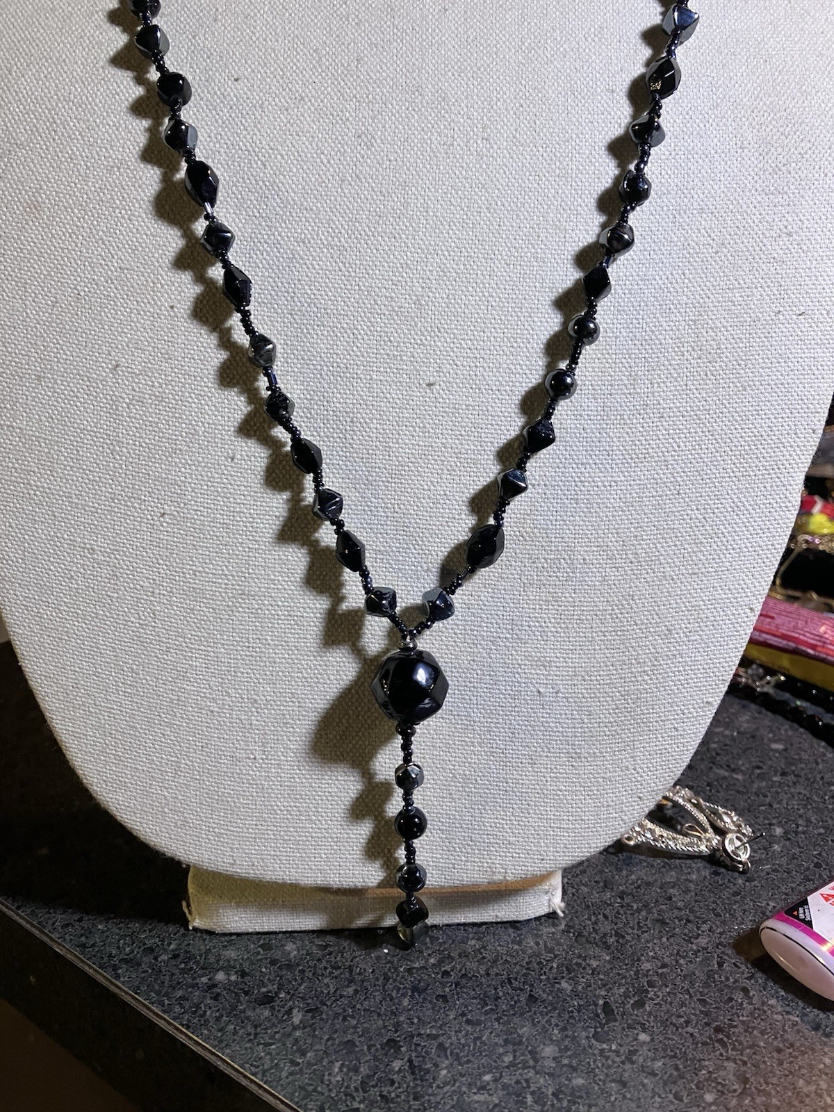 Victorian Mourning Y Necklace Czech/French Pressed Fire Polished Glass 36”