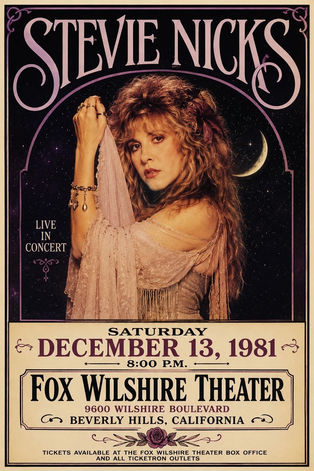 1981 STEVIE NICKS CONCERT POSTER WALL ART PRINT BEVERLY HILLS CALIFORNIA