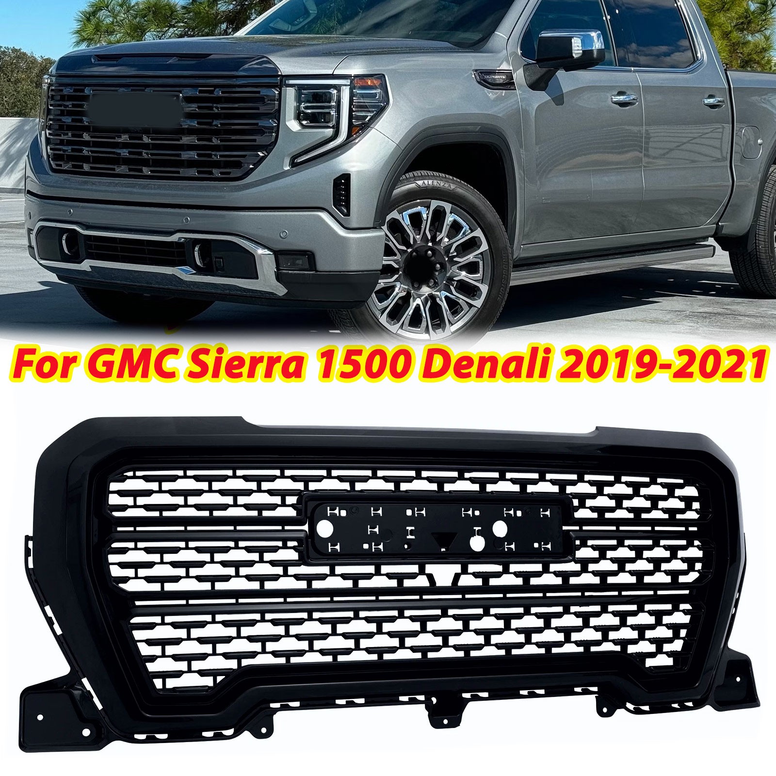 Gloss Black Front Upper Grille ABS Grill For GMC Sierra 1500 Denali 2019-2021
