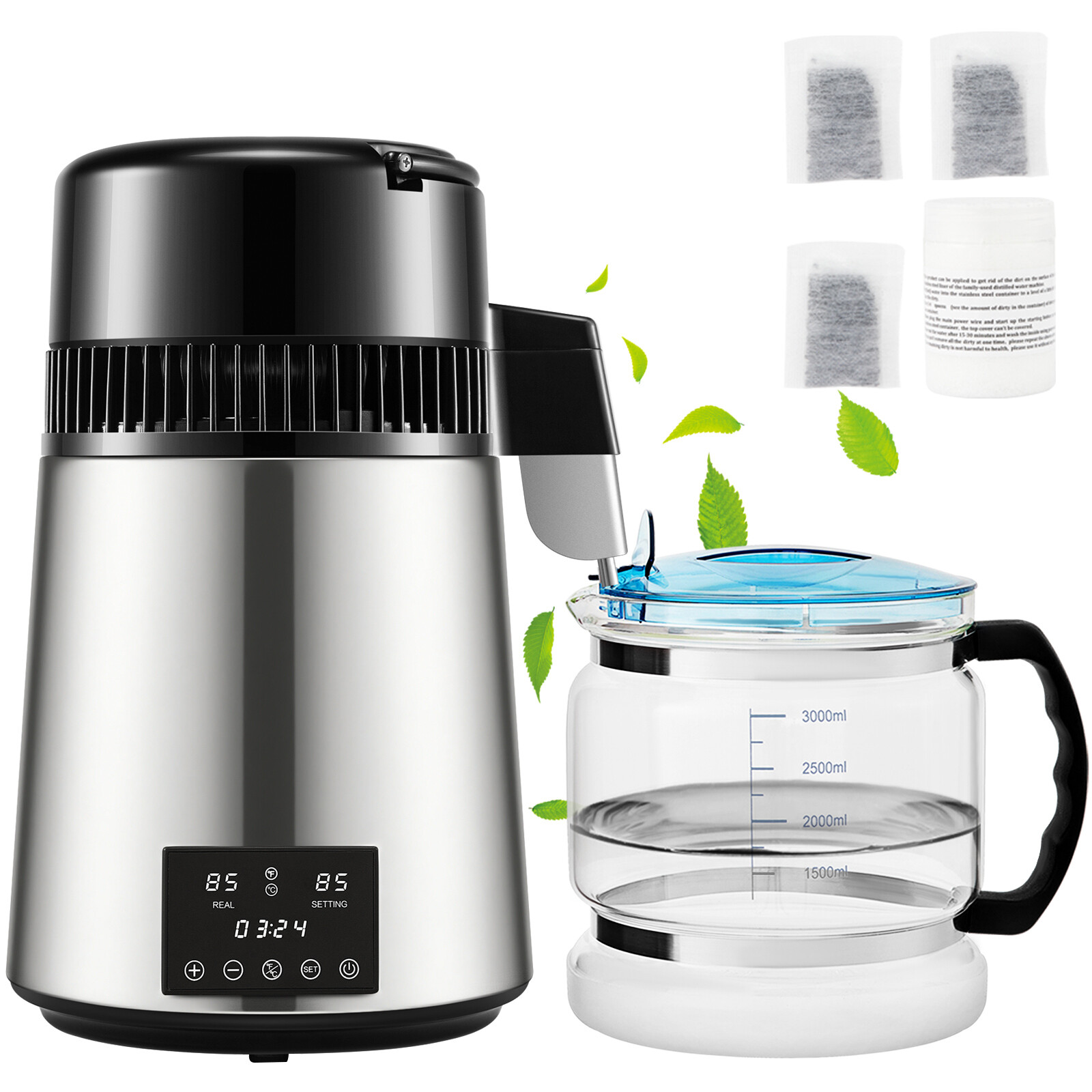 Uimoso 4L Water Distiller Distilled Water Maker 1 L/H w/ Timing Dual-Temp Silver