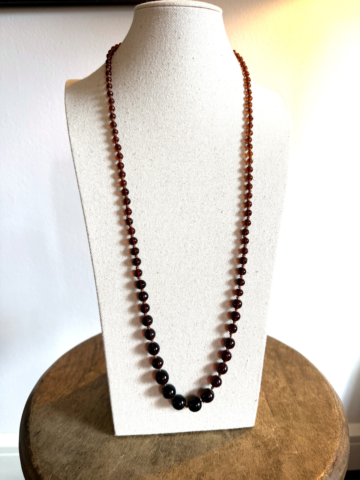 Vintage Cherry Amber Tone Graduated Glass or Resin Bead 26in Necklace