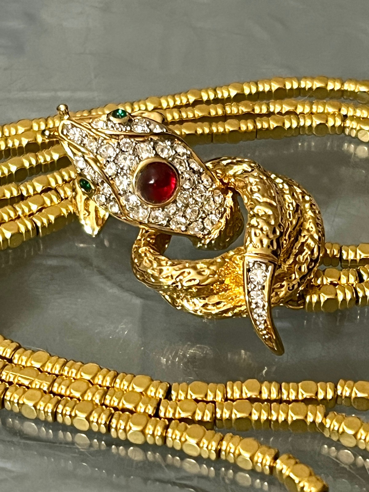 Kenneth Jay Lane KJL 3 Strand Gold Necklace Rhinestone & Cabochon Snake Clasp Kenneth Jay Lane KJL 3 Strand Gold Necklace Rhinestone & Cabochon Snake Clasp