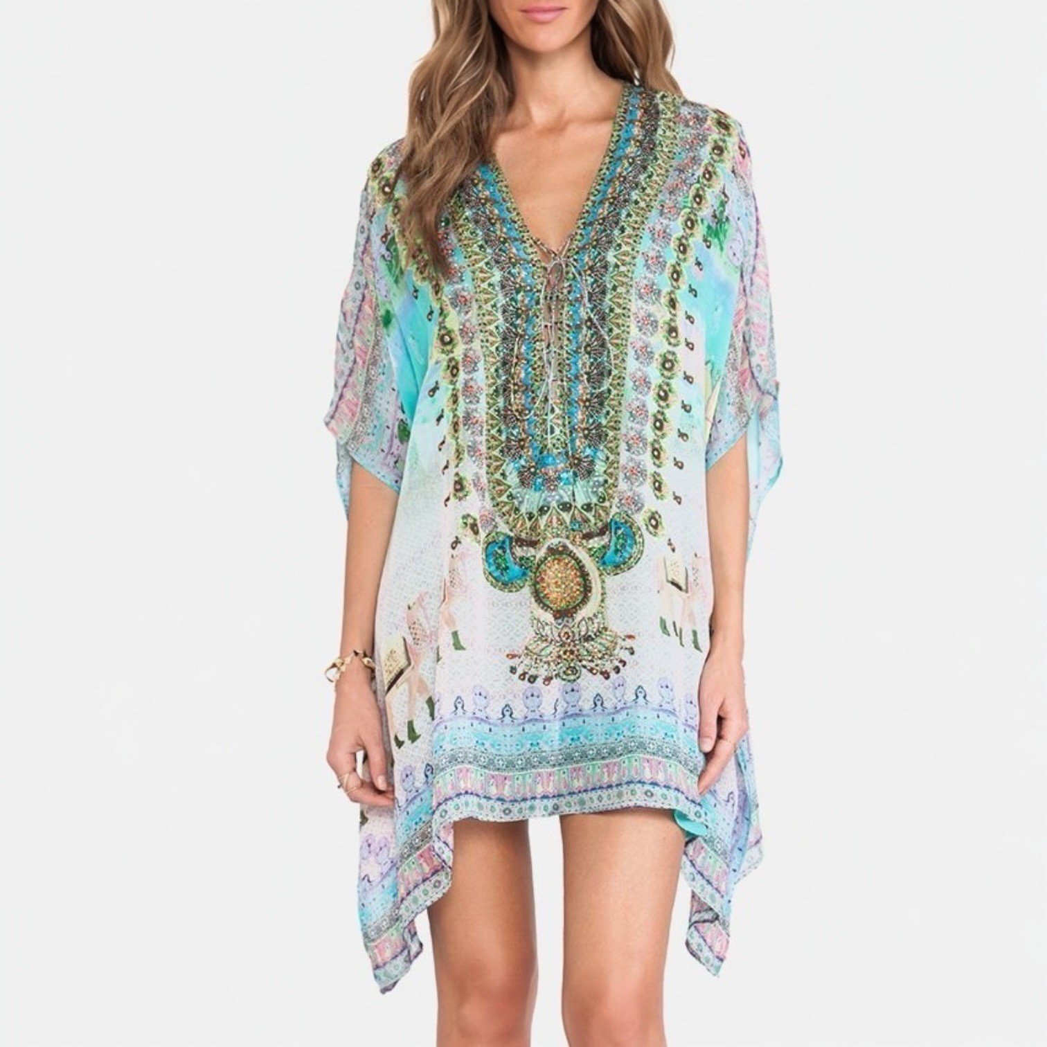 Camilla Jodphur Kaftan One Size Short Dress Lace Up Mini Silk Blue Camilla Jodphur Kaftan One Size Short Dress Lace Up Mini Silk Blue