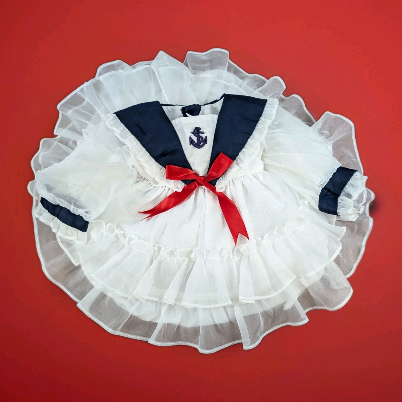 Martha\'s Miniatures Vintage Navy White Ruffle Dress Nautical Sailor W/ Slip 24mo Martha\'s Miniatures Vintage Navy White Ruffle Dress Nautical Sailor W/ Slip 24mo