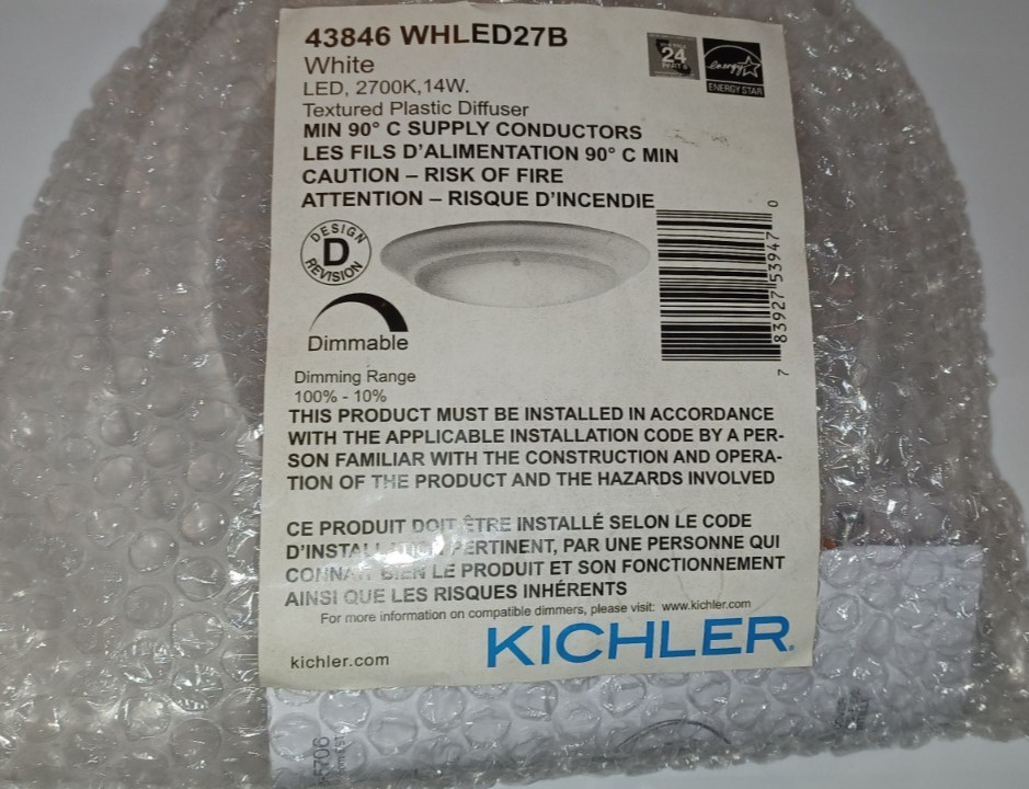 NEW, Lot of 5, Kichler Lighting 43846 WHLED27B 2700K LED, Flush Mount White NEW, Lot of 5, Kichler Lighting 43846 WHLED27B 2700K LED, Flush Mount White