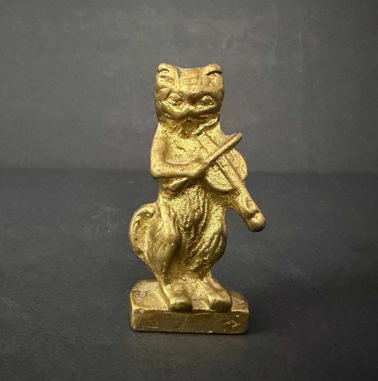 Rare Vintage Brass Cat Violin Figurine, Franz Bergmann Style, Made in Canada