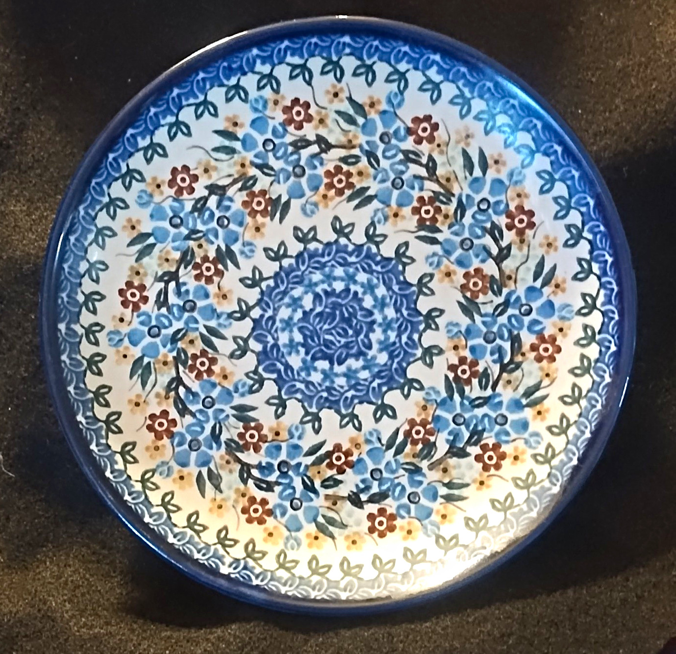 Unikat Handmade Hand Painted Poland Blue Floral Art Pottery Plate MPN 1169 8\'