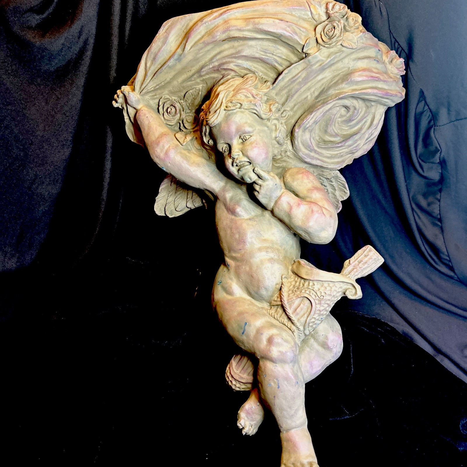Antique plaster  Cherub Wall Sconce 20””x14” Large hanging Gray Plaster Relief