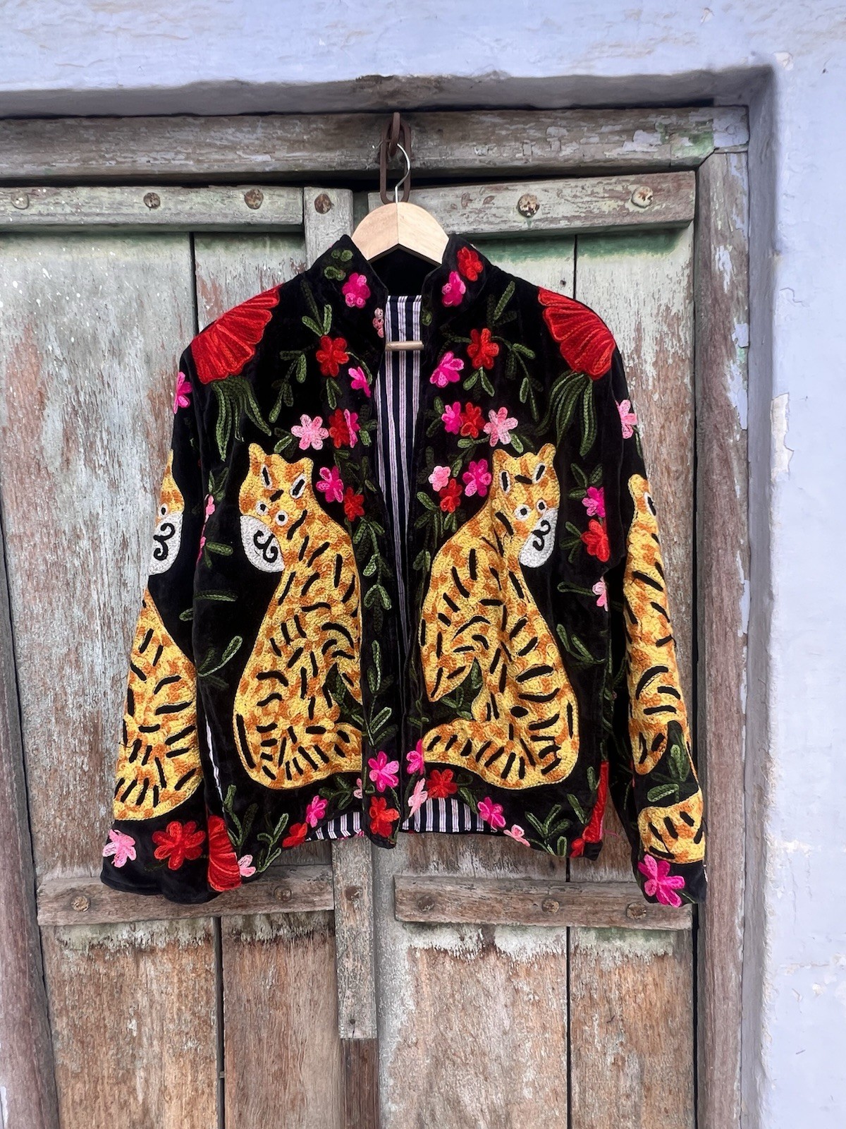 Black Tiger Velvet Suzani Embroidered  Jacket Boho Handmade Suzani Indian Jacket