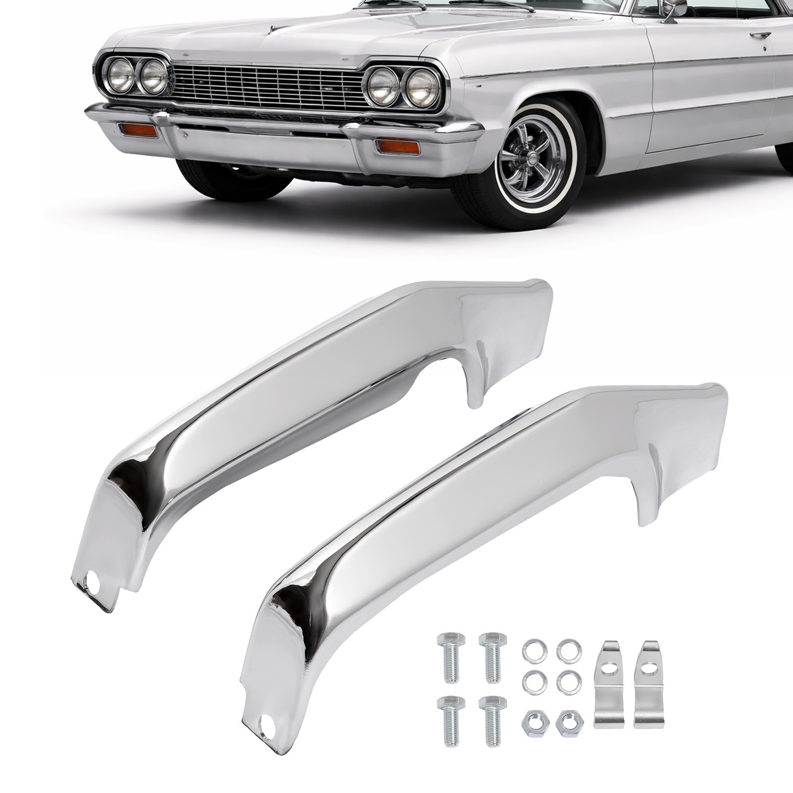 For 1964 Chevy Impala, Bel Air & Biscayne Chrome Front Bumper Guards Pair