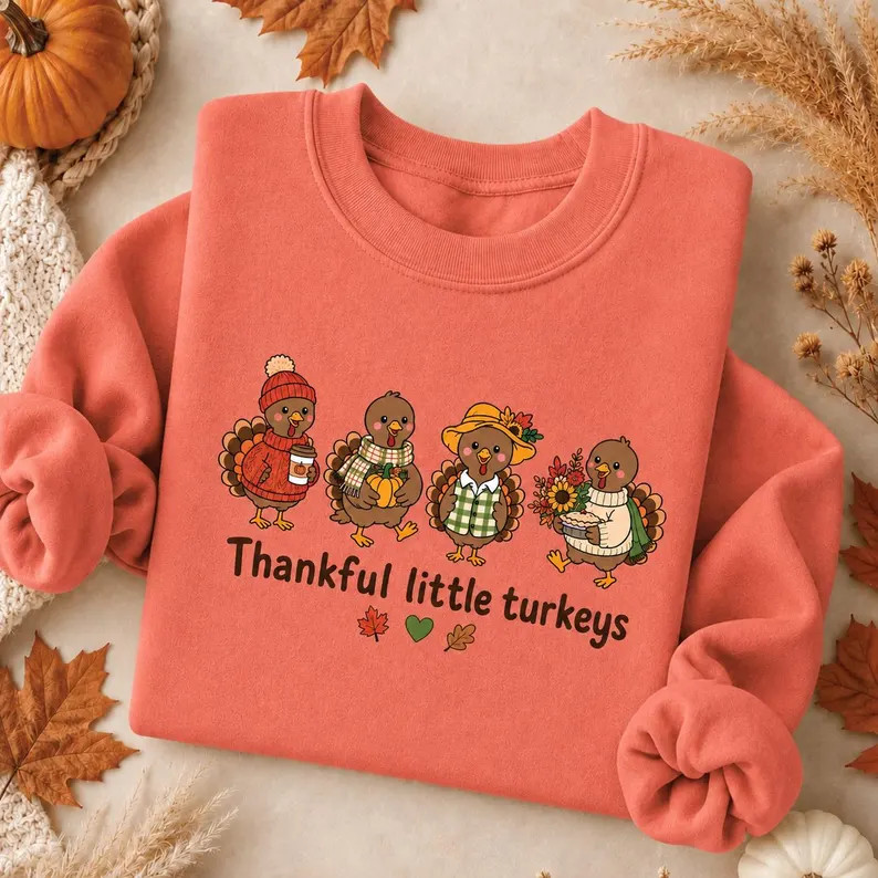 Thankful Little Turkeys Sweatshirt Cute Thanksgiving Turkey Crewneck Fall