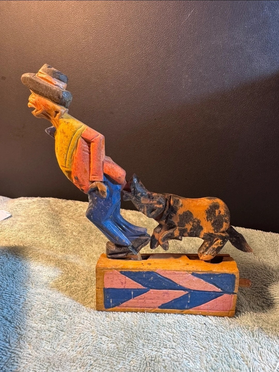 Vintage Hand-Carved Wooden Mechanical Toy - Folk Art Dog Biting Man Automaton