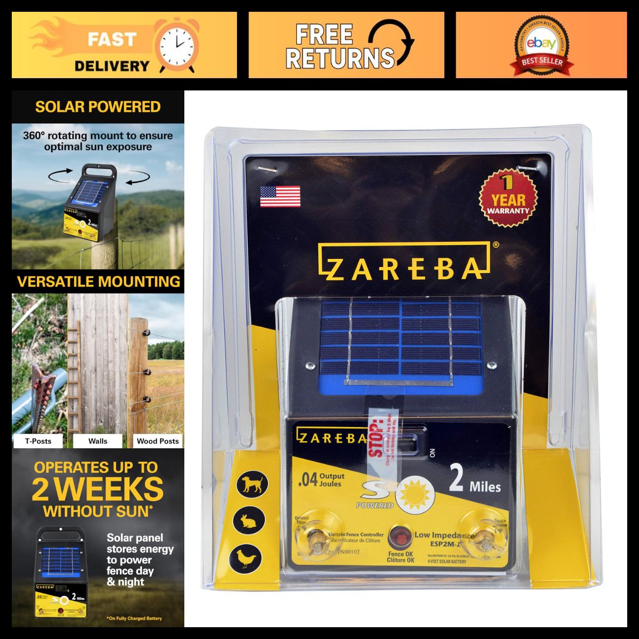 Solar Powered Electric Fence Charger - 2 Mile Low Impedance Energizer for Animal Solar Powered Electric Fence Charger - 2 Mile Low Impedance Energizer for Animal