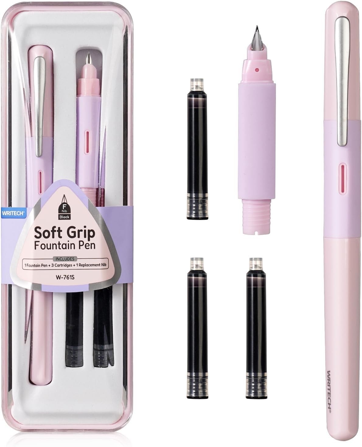 Writech Fine Nib Fountain Pen Set with Soft Grip, Refillable Ink, Black