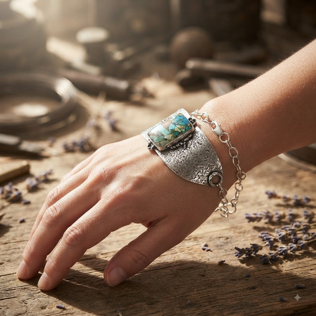 925 Sterling Silver Natural Chrysocolla Chain Daughter Trendy Bracelet Jewelry