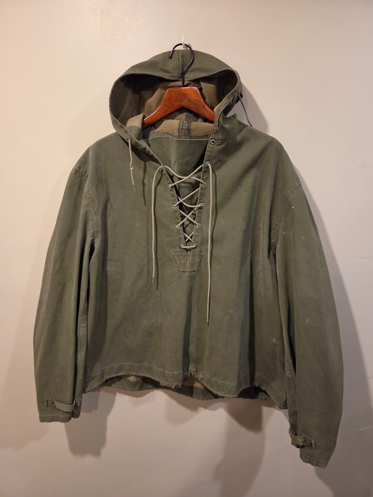VTG 1940s WW2 US Navy Foul Weather Smock Lace Up Hooded Deck Jacket Anorak WWII