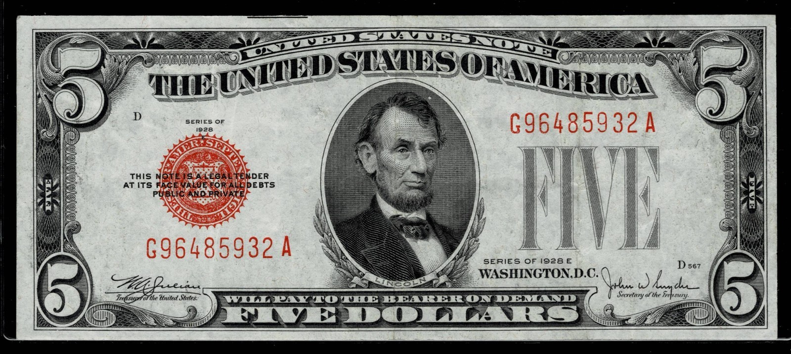 1928-E $5 Red Seal United States Note~ EXTREMELY FINE