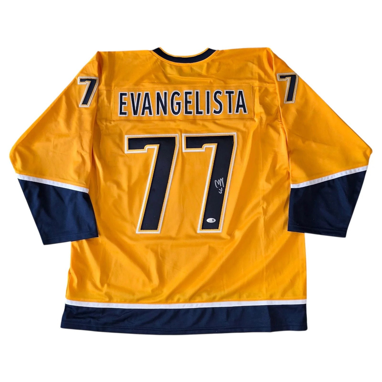 Luke Evangelista Autographed Nashville (Gold #77) Custom Hockey Jersey - JSA