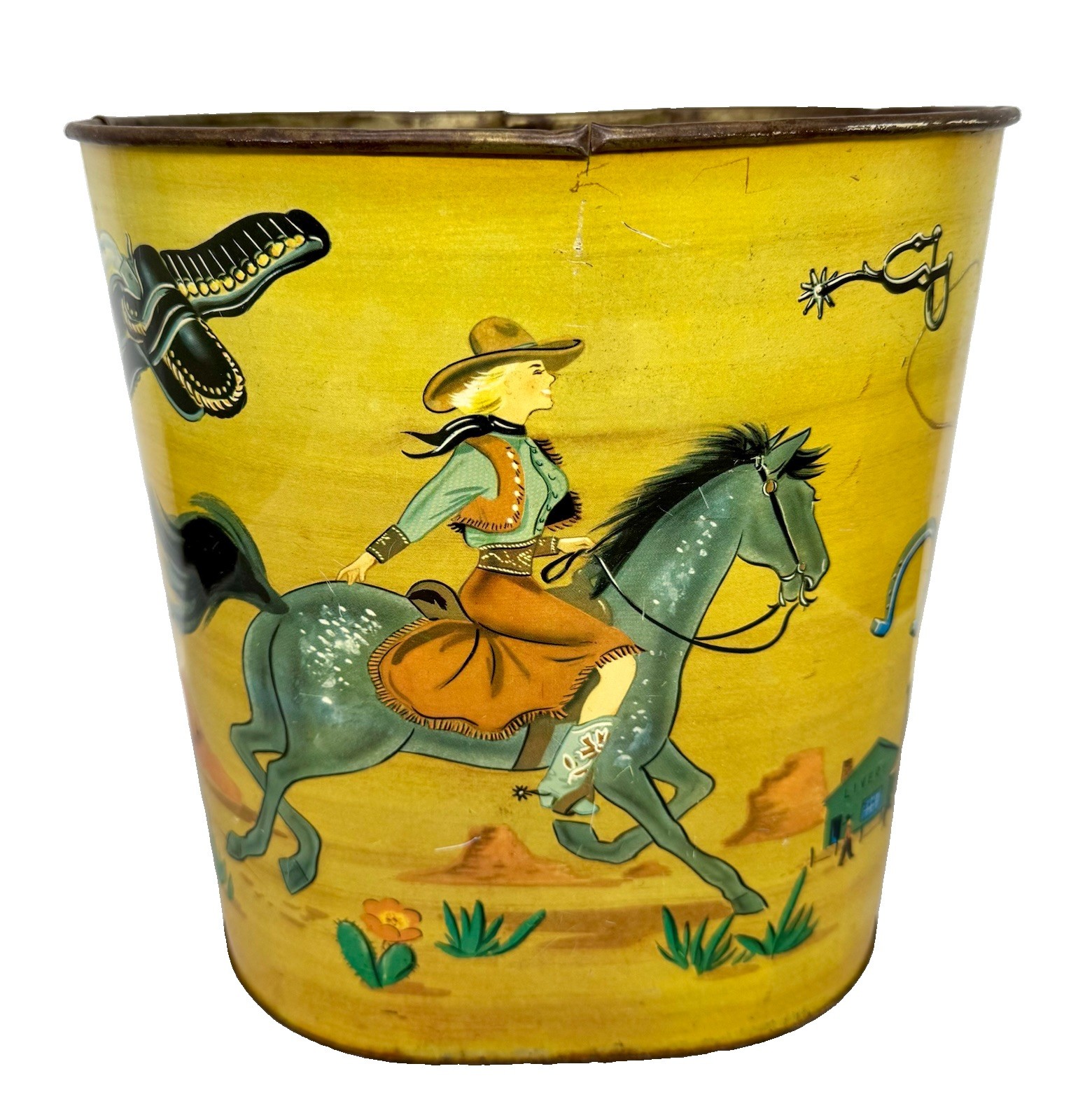 Vtg 1950s Harvell Cowboy Cowgirl Metal Trash Can Western Waste Basket Hopalong